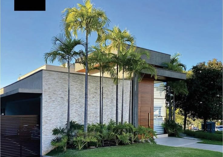 Projeto paisagístico de fachada residencial contemporânea que combina volumetria em concreto aparente e revestimento de pedra canjiquinha com um jardim tropical exuberante, protagonizado por um grupo de palmeiras-reais de alturas variadas que conferem verticalidade e leveza à composição. A base do canteiro frontal é densamente preenchida com forrações tropicais como bromélias, filodendros e helicônias, criando camadas de texturas e tonalidades de verde que suavizam a rigidez dos materiais constr, estilo Moderno, Tropical, elementos Muro de revestimento em pedra natural canjiquinha em tons claros, Painel ripado em madeira cumaru na entrada principal, Laje de concreto aparente em balanço como marquise, Portão de garagem em réguas horizontais de madeira escura, Piso cimentício liso no acesso de pedestres, Canteiro elevado junto à fachada com forração tropical densa, Calçada em concreto desempenado com junta seca, plantas Palmeira-real, Palmeira-areca, Helicônia, Moréia, Líriope, Pândano, Bromélias, Grama-esmeralda, Clúsia, Agave, Filodendro, ambiente moderno, sofisticado, localização fachada, entrada, jardim, área grande, estruturas iluminacao, cores verde-escuro, verde-claro, cinza-concreto, bege-claro, marrom-madeira, branco-areia, piso grama, porcelanato, pisantes, privacidade nenhum, água nenhum