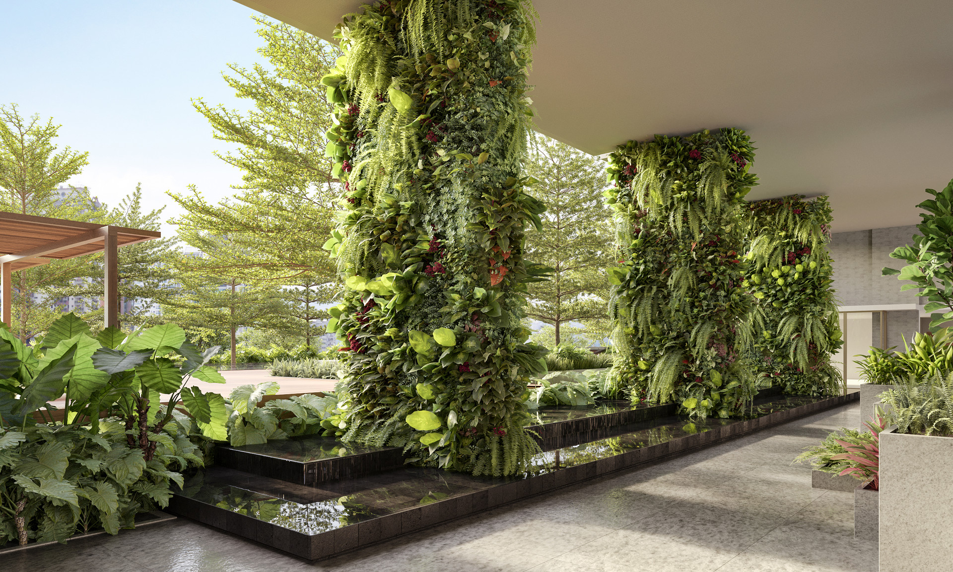 Projeto de paisagismo contemporâneo tropical de alto padrão, integrando exuberantes jardins verticais em pilares estruturais e muros verdes contínuos, compostos por uma rica paleta de samambaias, filodendros, jiboias e antúrios, criando uma atmosfera de floresta tropical urbana. Espelhos d'água com bordas em granito preto polido refletem a vegetação e conferem sofisticação ao espaço, enquanto pinheiros-de-Norfolk ao fundo emolduram a vista elevada, sugerindo tratar-se de um lobby ou área comum d, estilo Moderno, Tropical, elementos Jardim vertical exuberante em pilares estruturais de concreto, Muro verde contínuo em parede de fundo com diversas camadas de vegetação, Espelho d'água retangular com bordas em granito preto polido, Pergolado em madeira cumaru com design contemporâneo, Canteiros elevados em pedra natural com plantas ornamentais, Laje de cobertura com pé-direito generoso protegendo o jardim, Piso em porcelanato cimentício de grande formato cinza claro, Jardineiras em concreto aparente com acabamento retangular, plantas Samambaia-de-boston, Jiboia, Filodendro, Antúrio-vermelho, Peperômia, Asplênio, Singônio, Figueira-lira, Pinheiro-de-Norfolk, Gunera, Avenca, Barba-de-serpente, Bromélia, Columeia, Dracena, Renda-portuguesa, Hera-do-diabo, Filodendro-imperial-vermelho, ambiente sofisticado, moderno, relaxante, localização entrada, fachada, corredor, área grande, estruturas pergolado, iluminacao, cores Verde-escuro, Verde-claro, Verde-limão, Vermelho-bordô, Branco, Cinza-claro, Preto, Marrom-madeira, Bege, piso porcelanato, pedra, privacidade muro_verde, água espelho_dagua
