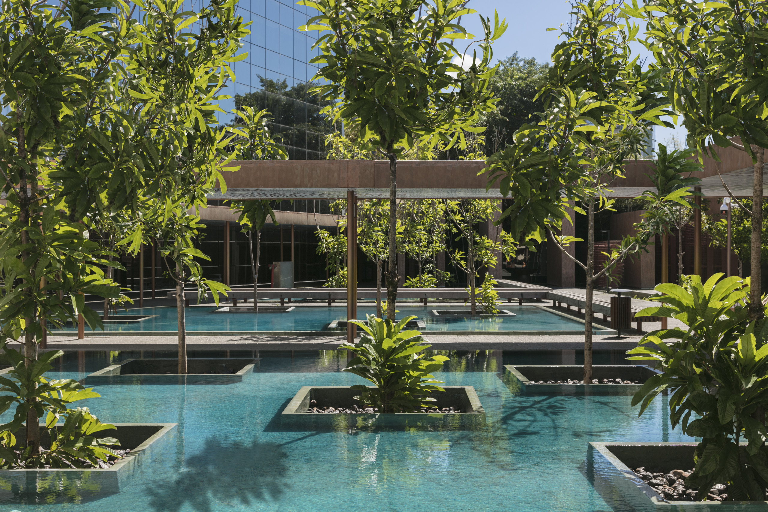 Projeto paisagístico de grande escala em área corporativa ou hoteleira que integra extensos espelhos d'água geométricos com jardineiras embutidas em concreto, onde exemplares de Plumeria rubra emergem diretamente da água criando um bosque tropical contemporâneo. Passarelas em deck de madeira atravessam os espelhos d'água conectando os volumes arquitetônicos revestidos em aço corten e vidro refletivo, enquanto pergolados lineares oferecem sombreamento parcial. O conjunto evidencia forte influênci, estilo Moderno, Tropical, elementos espelhos d'água geométricos com jardineiras embutidas em concreto, deck de madeira sobre a água como passarela, pergolado com estrutura metálica e cobertura em madeira, fachada em pele de vidro refletivo em torre corporativa, pilares de aço corten sustentando o pergolado, jardineiras quadradas elevadas dentro dos espelhos d'água com pedriscos, lixeira em madeira ripada, pavimentação em pedra ou concreto nos caminhos, plantas Plumeria, Pacová, Clusia, ambiente sofisticado, moderno, relaxante, localização piscina, entrada, jardim, área grande, estruturas pergolado, iluminacao, cores verde-claro das folhagens jovens, turquesa dos espelhos d'água, marrom do aço corten e madeira, azul refletido no vidro da fachada, cinza do concreto aparente, bege dos pedriscos, piso deck, pedra, privacidade nenhum, água espelho_dagua