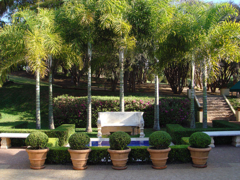 Jardim clássico de grande porte com forte influência do paisagismo colonial brasileiro, onde palmeiras-reais imponentes criam verticalidade e enquadram uma peça central em mármore branco cercada por espelho d'água estreito e topiarias esféricas de buxinho perfeitamente podadas. A composição simétrica é reforçada por uma fileira de vasos de terracota com buxinhos esféricos no primeiro plano, cercas-vivas retilíneas de murta e canteiros de azaleias em flor rosa, enquanto ao fundo um gramado esmera, estilo Classico, Tropical, elementos Vasos de barro alinhados com topiaria esférica de buxinho, Banco de mármore branco clássico com pés ornamentais, Fonte ou mesa de pedra branca central com base ornamentada, Cerca-viva aparada em formato retilíneo, Escadaria de tijolos aparentes laterais, Canteiro elevado com floração de azaleias, Espelho d'água estreito ao redor da peça central, plantas Palmeira-real, Buxinho, Azaleia, Grama-esmeralda, Plumeria, Murta-de-cheiro, ambiente sofisticado, relaxante, localização jardim, entrada, área grande, estruturas banco, iluminacao, cores Verde escuro, Verde claro, Branco, Terracota, Rosa, Marrom, piso grama, pedra, privacidade cerca_viva, água espelho_dagua
