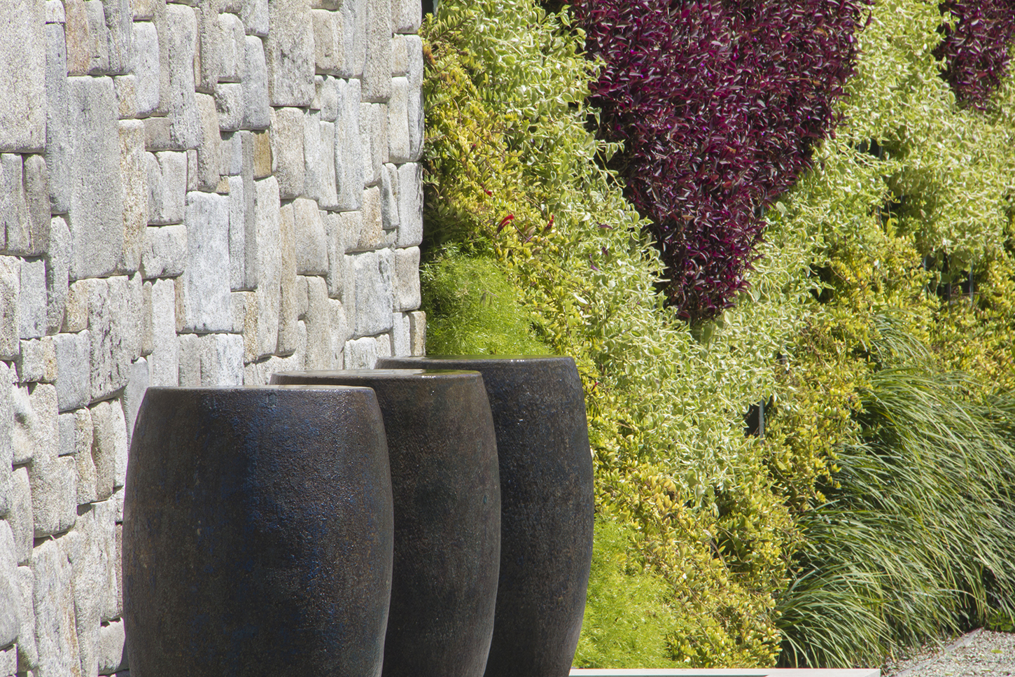 Projeto paisagístico contemporâneo que combina um robusto muro revestido em pedra natural irregular de tons cinza com um exuberante jardim vertical ao fundo, criando um contraste sofisticado entre o mineral e o vegetal. Três vasos monumentais de cerâmica escura com acabamento artesanal são dispostos em sequência junto ao muro, funcionando como esculturas que pontuam a composição com elegância. O painel verde ao fundo apresenta uma paleta botânica diversa, destacando-se a massa púrpura vibrante d, estilo Moderno, Tropical, elementos Muro de pedra natural com revestimento em pedra São Tomé ou granito irregular em tons cinza, Trio de vasos altos em cerâmica escura com acabamento rústico esmaltado em tom chumbo/azulado, Jardim vertical com múltiplas espécies plantadas em painel modular, plantas Tradescântia-roxa, Buxinho, Capim-do-texas, Jasmim-estrela, Musgo-tapete, Pilea, ambiente sofisticado, moderno, localização muro, entrada, fachada, área medio, estruturas iluminacao, cores cinza-claro, verde-claro, verde-escuro, púrpura, preto, azul-escuro, piso pedra, privacidade muro_verde, água nenhum