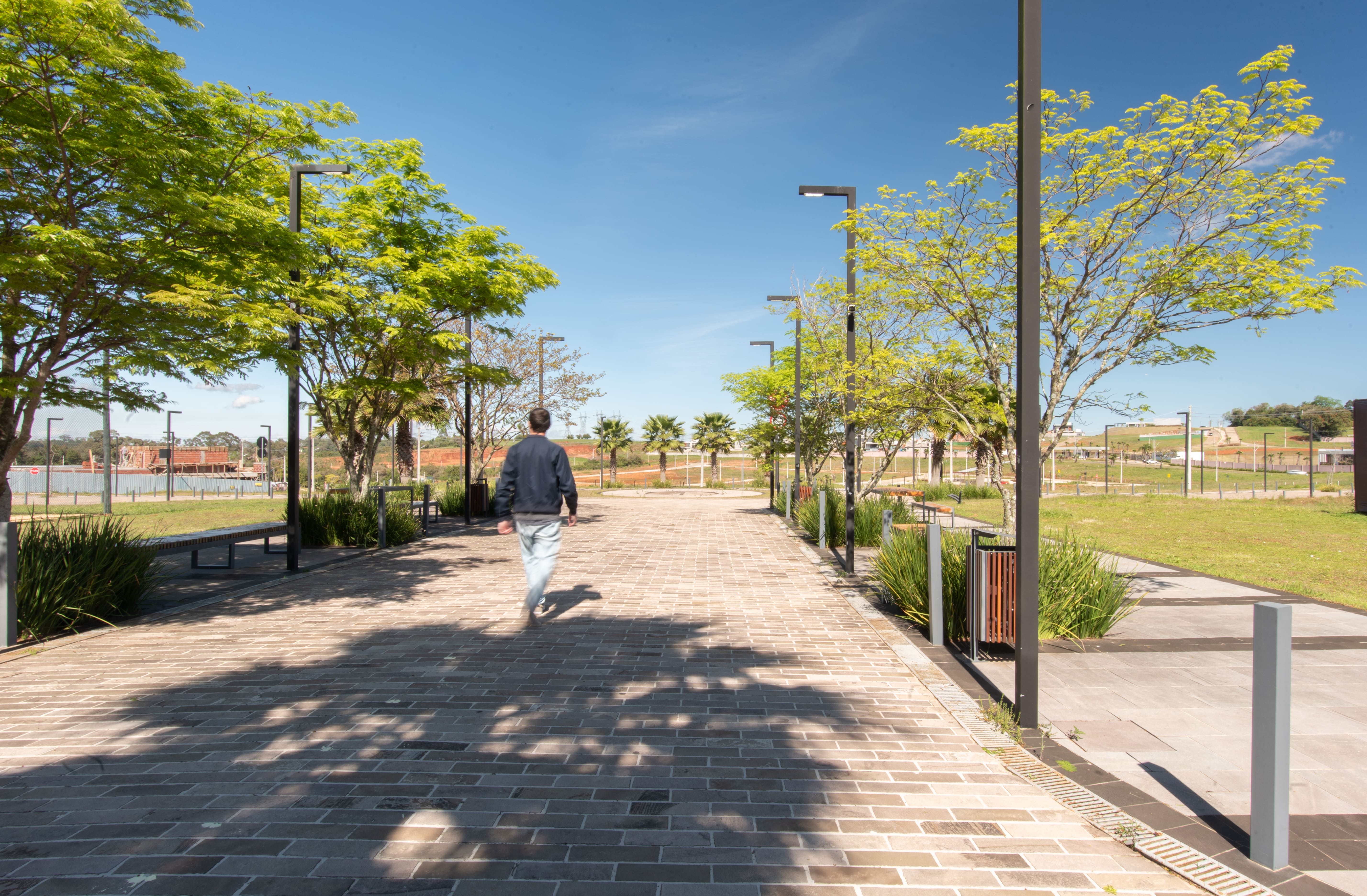 Projeto paisagístico contemporâneo de boulevard em loteamento residencial de alto padrão, com passeio central em piso intertravado ladeado por tipuanas jovens que formam um corredor arborizado com sombreamento parcial. A iluminação pública é composta por postes de design minimalista em aço grafite, intercalados com canteiros de forrações ornamentais como moréias e capim-do-texas, enquanto palmeiras-reais pontuam o eixo visual ao fundo, criando perspectiva e verticalidade. O mobiliário urbano — b, estilo Moderno, elementos Piso intertravado em tons de cinza e bege, Postes de iluminação em aço corten/grafite com design contemporâneo, Bancos metálicos lineares fixos em estrutura de aço, Lixeiras em madeira e metal, Grelhas de drenagem linear em aço, Canteiros elevados com bordas metálicas, Guias e sarjetas em concreto, plantas Tipuana, Palmeira-real, Moréia, Líriope, Capim-do-texas, Grama-esmeralda, ambiente moderno, sofisticado, localização entrada, corredor, área grande, estruturas banco, iluminacao, cores verde-claro, verde-escuro, cinza-grafite, bege, marrom, azul-céu, piso pisantes, grama, privacidade nenhum, água nenhum