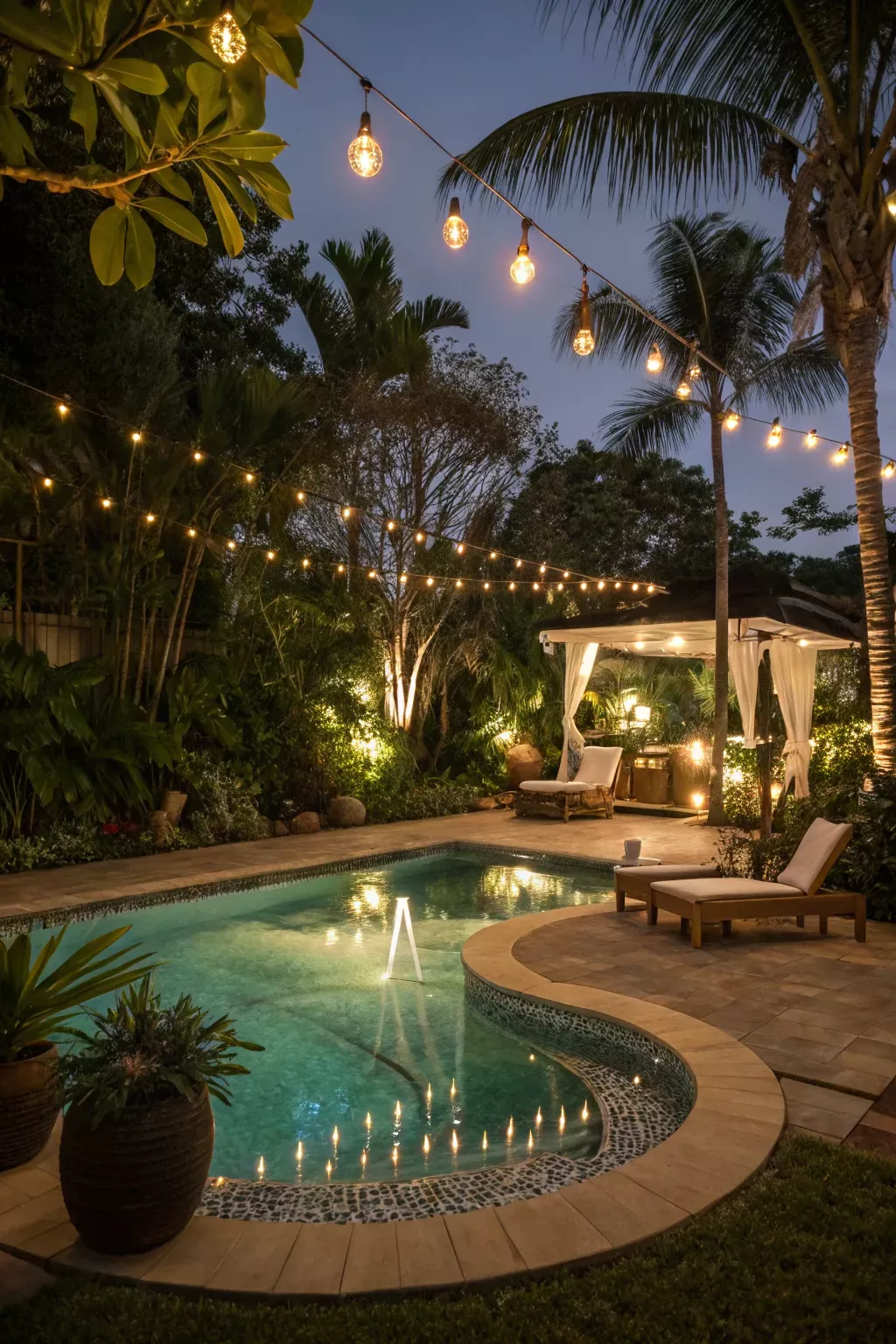 Projeto paisagístico de inspiração tropical-resort em área de piscina residencial, com piscina de formato orgânico curvilíneo revestida em seixos rolados e borda em travertino, cercada por uma exuberante vegetação tropical composta por coqueiros, palmeiras-areca, helicônias e folhagens de grande porte que criam uma densa cortina verde garantindo total privacidade. O espaço conta com um elegante gazebo com cortinas brancas esvoaçantes, espreguiçadeiras estofadas e uma atmosfera noturna sofisticad, estilo Tropical, Classico, elementos Piscina de formato orgânico com borda curvilínea em pedra natural tipo seixo rolado, Deck em pedra natural tipo travertino ao redor da piscina, Gazebo com estrutura de madeira e cortinas brancas em tecido leve, Espreguiçadeiras estofadas em tecido bege sobre deck, Vasos de cerâmica escura com plantas tropicais, Iluminação com cordão de lâmpadas tipo Edison vintage em fio suspenso, Iluminação de destaque tipo uplight em árvores e arbustos do jardim, Iluminação subaquática na piscina em tom esverdeado, Cordão de luzes tipo fairy lights nas árvores ao fundo, Jardim de massas tropicais ao fundo como barreira visual, Grama esmeralda nas bordas do piso, Fonte ou jato d'água central na piscina, plantas Coqueiro, Palmeira-areca, Helicônia, Bananeira-ornamental, Costela-de-adão, Dracena, Filodendro, Magnólia, Bromélia, Palmeira-rápis, Singônio, Alpínia, ambiente relaxante, sofisticado, acolhedor, localização piscina, quintal, jardim, área medio, estruturas gazebo, iluminacao, cores verde-escuro, verde-tropical, bege-areia, branco, âmbar-dourado, turquesa, marrom-madeira, terracota, piso pedra, grama, privacidade cerca_viva, água piscina, fonte