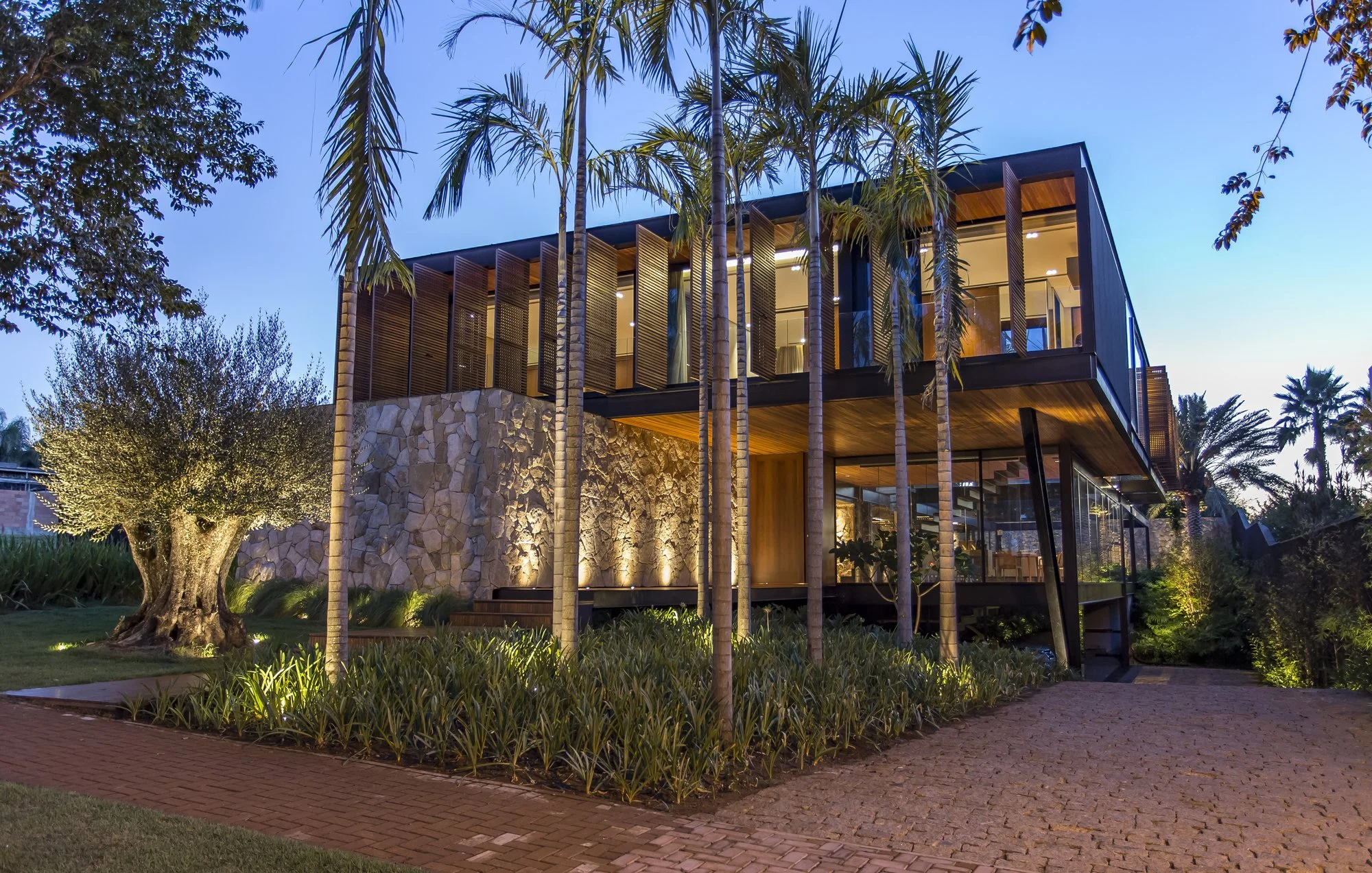 Projeto paisagístico contemporâneo de alto padrão que integra uma residência de arquitetura brutalista-tropical com jardim exuberante, onde palmeiras-reais imponentes emergem de um denso tapete de liriopes e moreias, criando verticalidade e contraste com o muro de pedra natural irregular iluminado cenicamente por uplights embutidos no piso. Uma oliveira centenária de tronco escultural posicionada estrategicamente à esquerda da composição confere caráter mediterrâneo e sofisticação ao conjunto, e, estilo Moderno, Tropical, elementos Muro de pedra natural irregular com iluminação cênica embutida, Piso intertravado de tijolo cerâmico em padrão espinha de peixe, Estrutura metálica escura com brises de madeira articuláveis, Iluminação de piso tipo uplight direcionada às palmeiras e muro de pedra, Canteiro linear de forração ao longo de toda a fachada, Degraus em madeira integrados ao muro de pedra, Vidro estrutural em fachada com esquadria preta, Forro de madeira natural no teto do pavimento térreo, Pilares metálicos inclinados em V como apoio estrutural, plantas Palmeira-real, Oliveira, Moreia, Liriope, Agapanto, Tamareira-das-canárias, Barba-de-serpente, Dracena, Palmeira-fênix, ambiente moderno, sofisticado, localização fachada, jardim, entrada, área grande, estruturas iluminacao, cores Verde intenso das forrações, Cinza natural da pedra, Marrom-avermelhado do piso de tijolo, Tons de madeira cumaru nos brises e forros, Preto da estrutura metálica, Amarelo quente da iluminação artificial, Verde-acinzentado da oliveira, piso pisantes, grama, privacidade muro_verde, cerca_viva, água nenhum