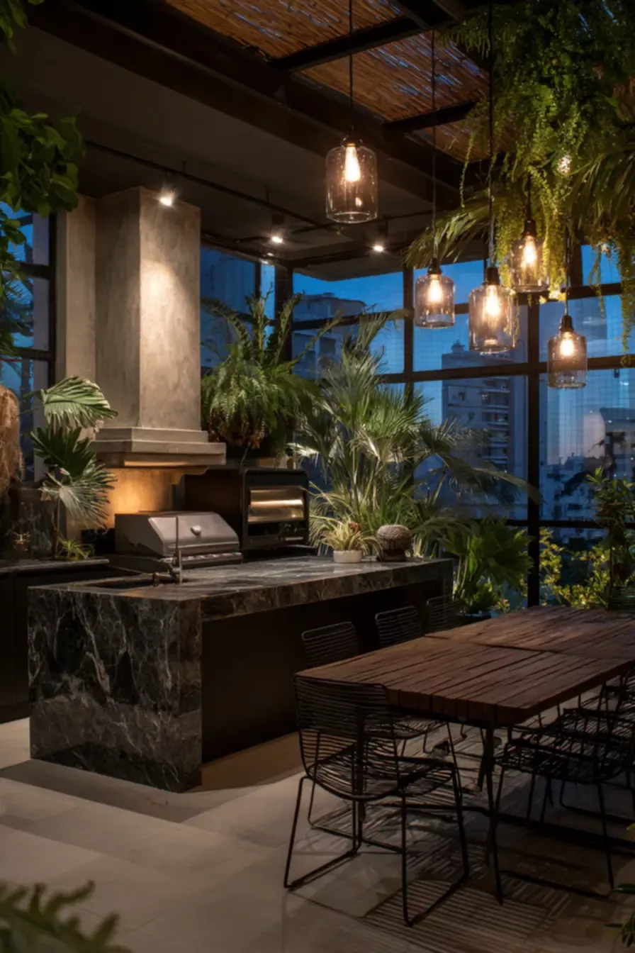 Espaço gourmet contemporâneo em varanda de alto padrão com esquadrias panorâmicas piso-teto que enquadram a paisagem urbana ao entardecer, integrando uma robusta bancada em mármore escuro com churrasqueira embutida sob coifa de concreto aparente. A volumetria tropical é construída pela profusão de palmeiras-areca, samambaias pendentes e ripsális que se entrelaçam com luminárias de vidro fumê suspensas em estrutura metálica preta com forro de bambu trançado. A mesa de madeira de demolição com cad, estilo Moderno, Tropical, elementos bancada em mármore escuro tipo nero marquina, churrasqueira embutida com coifa em concreto aparente, mesa de jantar em madeira de demolição com acabamento rústico, cadeiras em estrutura metálica preta estilo industrial, luminárias pendentes em vidro fumê com filamento aparente, estrutura metálica preta no teto com forro em bambu trançado, esquadrias em alumínio preto com vidro panorâmico piso-teto, iluminação embutida tipo spot direcionável, grelha de aço inox sobre a churrasqueira, cuba embutida na bancada de mármore, jardim vertical suspenso integrado às luminárias, plantas Samambaia, Palmeira-areca, Costela-de-adão, Ripsális, Palmeira-ráfis, Bromélia, Aspargo-pendente, ambiente sofisticado, acolhedor, moderno, localização varanda, área medio, estruturas churrasqueira, iluminacao, cores verde escuro, verde claro, preto, cinza chumbo, marrom madeira, bege concreto, âmbar dourado, branco off-white, piso porcelanato, privacidade nenhum, água nenhum