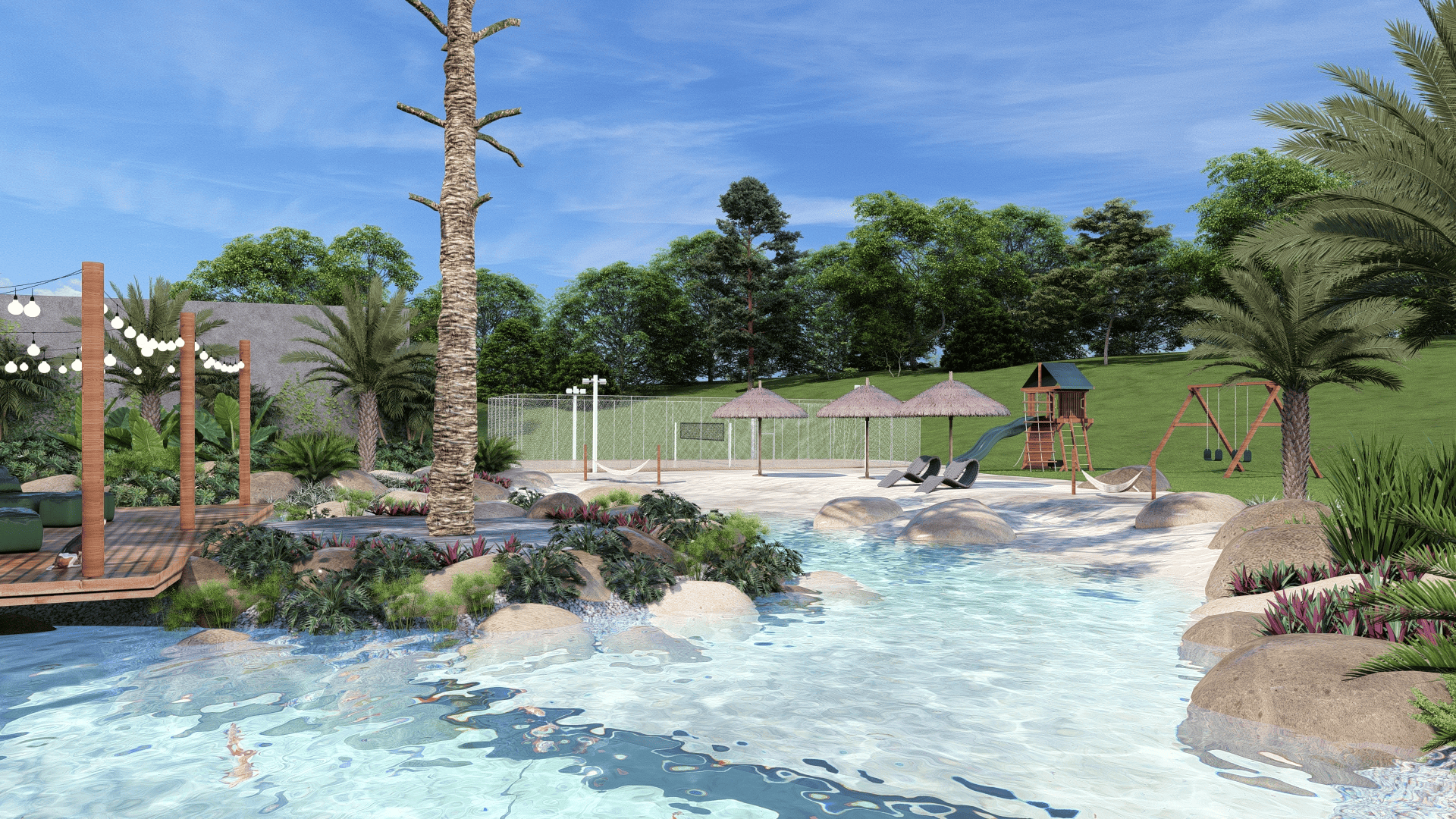Projeto paisagístico de grande porte em estilo tropical contemporâneo, centrado em uma piscina de praia (beach pool) com entrada gradual e borda naturalística composta por matacões e vegetação exuberante de bromélias, heliconias e palmeiras, criando uma atmosfera de resort. O espaço integra área de lazer completa com deck elevado em madeira com pergolado iluminado por cordões de luzes, quiosques de sapê, redes de descanso, playground infantil em madeira e quadra esportiva ao fundo, tudo emoldura, estilo Tropical, Moderno, elementos Piscina de praia (beach pool) com borda naturalística em pedras, Deck de madeira elevado com pergolado de pilares em madeira ripada, Cordão de luzes tipo festão (string lights) no pergolado, Pedras naturais tipo matacão dispostas ao redor da piscina, Quiosques com cobertura de sapê/palha, Espreguiçadeiras de design moderno, Redes de descanso em postes de madeira, Playground infantil com escorregador, casinha e balanço, Quadra esportiva cercada com alambrado e postes de iluminação, Gramado amplo em declive suave ao fundo, Área de estar coberta junto ao deck, Iluminação decorativa tipo globo, plantas Palmeira-imperial, Tamareira-das-canárias, Helicônia, Bananeira-ornamental, Bromélia-imperial, Abacaxi-roxo, Grama-esmeralda, Capim-do-texas, Filodendro, Costela-de-adão, Moréia, Cróton, Lírio-da-paz, Alpínia, Samambaia, ambiente relaxante, acolhedor, sofisticado, localização piscina, quintal, jardim, área grande, estruturas pergolado, gazebo, iluminacao, banco, cores Azul-turquesa da água, Verde intenso da vegetação tropical, Bege e areia das pedras e piso, Marrom da madeira do deck e pergolado, Roxo-arroxeado das bromélias e tradescântias, Branco das luzes e detalhes, Palha dos quiosques, piso grama, deck, pedra, pisantes, privacidade cerca_viva, muro_verde, água piscina