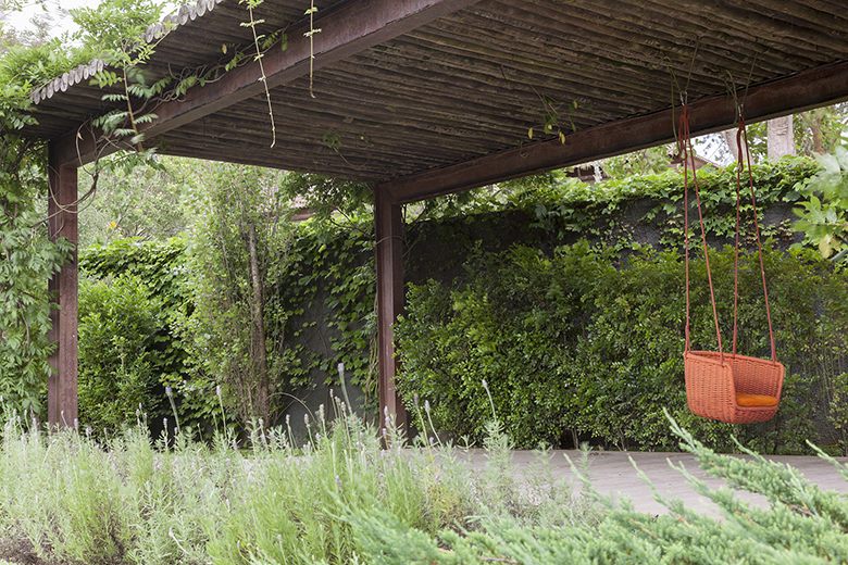 Jardim contemporâneo de inspiração naturalista, onde um robusto pergolado de madeira escura com forro de bambu trançado abriga um elegante balanço suspenso em fibra sintética laranja, criando um ponto focal acolhedor e lúdico. O muro de fundo é completamente revestido por trepadeiras densas — unha-de-gato e falsa-vinha — formando um generoso muro verde que confere total privacidade e frescor ao espaço. No primeiro plano, massivos de lavanda e alecrim em floração espontânea suavizam a transição e, estilo Moderno, Tropical, elementos Pergolado de madeira escura com cobertura de bambu trançado, Balanço suspenso em fibra sintética trançada na cor laranja com almofada, Muro verde com trepadeiras cobrindo toda a extensão do fundo, Deck de madeira sob o pergolado, Pilares de madeira maciça escura sustentando a estrutura, Canteiro de lavandas e herbáceas no primeiro plano, plantas Lavanda, Unha-de-gato, Jasmim-estrela, Buxinho, Falsa-vinha, Alecrim, Murta, ambiente relaxante, acolhedor, sofisticado, localização jardim, quintal, área medio, estruturas pergolado, cores verde-escuro, verde-claro, marrom-escuro, laranja, bege, ocre, piso deck, privacidade muro_verde, cerca_viva, água nenhum