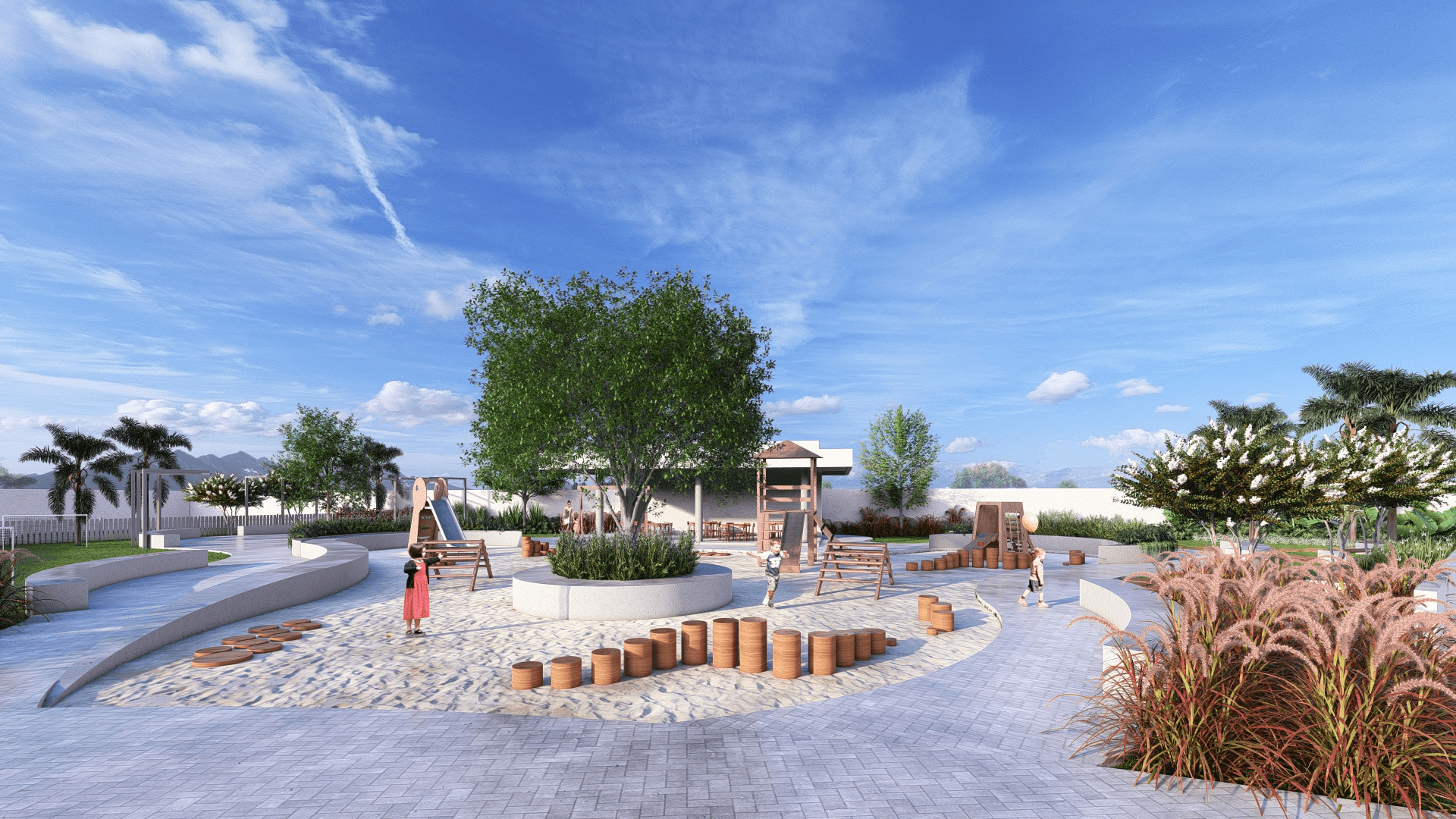 Projeto paisagístico de playground naturalista em área ampla de condomínio, com layout orgânico definido por muretas sinuosas em concreto que delimitam zonas de areia e piso intertravado em tons claros, integrando brinquedos em madeira natural como torre de escalada, escorregador e troncos escalonados para equilíbrio infantil. A vegetação tropical exuberante compõe o entorno com palmeiras-imperiais, capim-do-texas em tons rosados, bougainvilleas brancas e um grande jacarandá central que oferece , estilo Moderno, Tropical, elementos Playground infantil em madeira com escorregador, Torre de escalada em madeira com plataforma e cobertura, Troncos cilíndricos de madeira em alturas escalonadas para equilíbrio, Caixa de areia integrada ao piso com formato orgânico curvilíneo, Mureta sinuosa em concreto aparente com acabamento arredondado delimitando áreas, Canteiro central circular elevado em concreto com vegetação arbustiva, Trepa-trepa em madeira natural, Rampa de escalada em madeira, Banco-mureta curvilíneo em concreto para descanso, Estrutura de balanço em madeira, plantas Palmeira-imperial, Capim-do-texas-rosa, Bougainvillea branca, Helicônia, Bananeira-ornamental, Jacarandá-mimoso, Lavanda, Palmeira-areca, Agapanto, Grama-esmeralda, ambiente acolhedor, moderno, relaxante, localização quintal, jardim, área grande, estruturas pergolado, banco, gazebo, cores Cinza claro do piso e muretas, Bege da areia, Marrom natural da madeira dos brinquedos e troncos, Verde intenso das copas das árvores, Rosa-avermelhado do capim-do-texas, Branco das flores de bougainvillea, Azul do céu, Verde-escuro das palmeiras, piso pisantes, brita, pedra, grama, privacidade cerca_viva, nenhum, água nenhum