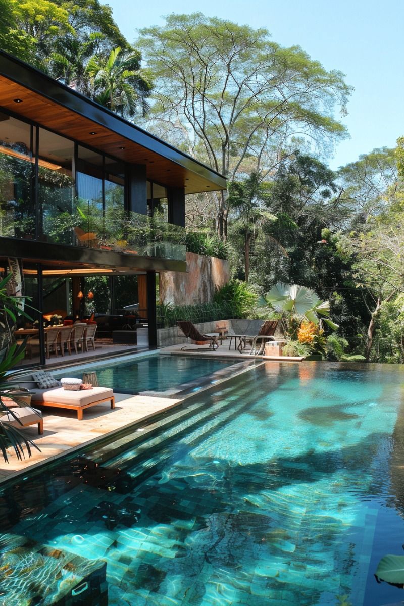 Projeto paisagístico de alto padrão integrado a uma residência contemporânea em meio à Mata Atlântica, onde a piscina de borda infinita com revestimento escuro cria um espelho d'água que reflete a exuberante vegetação tropical circundante, composta por palmeiras-leque, helicônias e filodendros nativos. A arquitetura em aço, vidro e madeira cumaru dialoga harmoniosamente com o paisagismo tropical exuberante, criando uma transição fluida entre o ambiente interno com área gourmet e o jardim externo, estilo Moderno, Tropical, elementos Piscina de borda infinita com revestimento em pedra natural escura, Deck em madeira natural ao redor da piscina, Espreguiçadeira de madeira com almofadas brancas, Cadeiras de design em couro e aço na área elevada, Estrutura arquitetônica em aço preto e vidro com cobertura em madeira cumaru, Guarda-corpo em vidro temperado no pavimento superior, Muro de arrimo em concreto aparente e pedra ferrugem, Iluminação embutida no forro de madeira (spots de LED), Mesa de jantar em área gourmet integrada ao jardim, Almofadas decorativas com padrão geométrico na área de descanso, Vasos de plantas tropicais na varanda superior com jardineiras integradas, plantas Palmeira-leque, Palmeira-real, Helicônia, Estrelítzia, Samambaia, Pau-ferro, Filodendro, Palmeira-ráfis, Bromélia, Jiboia, Pacová, Palmeira-de-leque-de-fiji, Clúsia, Singônio, ambiente relaxante, moderno, sofisticado, localização piscina, jardim, varanda, quintal, área grande, estruturas iluminacao, banco, cores Verde intenso da vegetação tropical, Azul turquesa cristalino da piscina, Preto do aço estrutural, Marrom quente da madeira cumaru, Cinza do concreto aparente, Ferrugem da pedra corten/natural, Branco das almofadas e estofados, Laranja das helicônias e estrelítzias, Bege do piso de pedra natural, piso deck, pedra, porcelanato, privacidade cerca_viva, muro_verde, água piscina