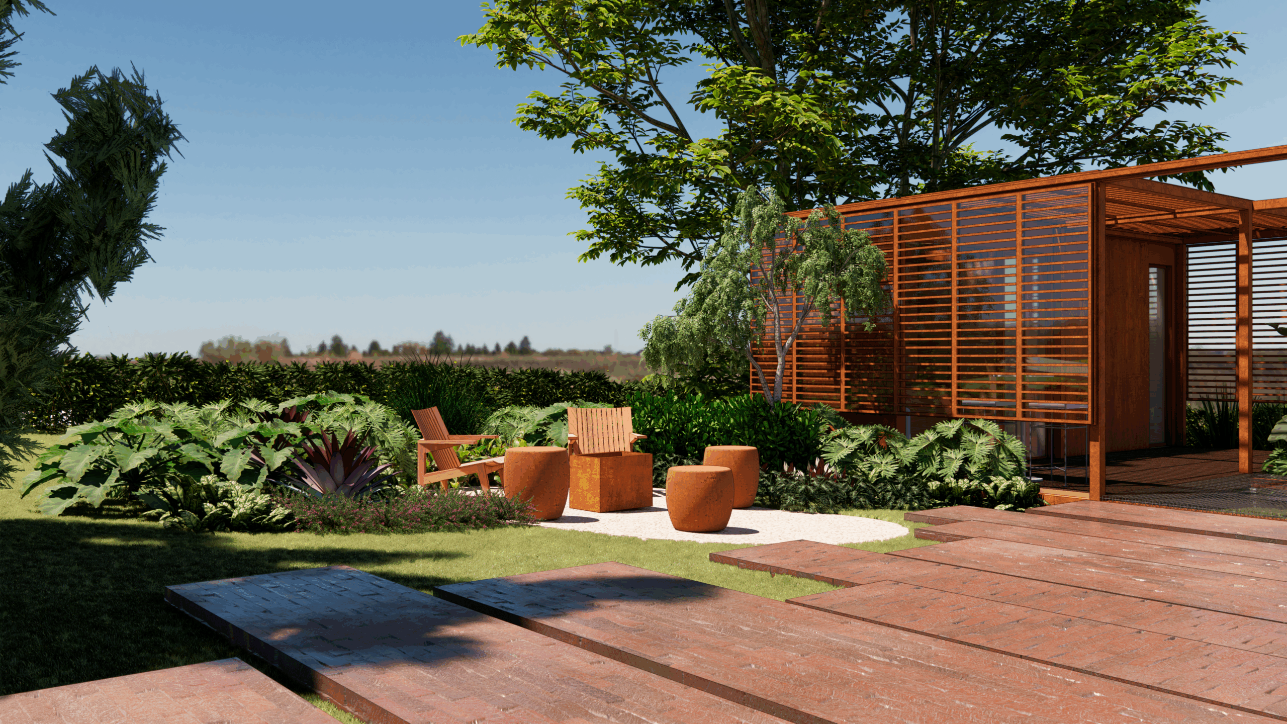 Projeto paisagístico contemporâneo de grande porte que integra materialidade natural — madeira de demolição nos pisantes, aço corten no mobiliário e brise da edícula — com plantio exuberante de caráter tropical, criando camadas de textura entre Gunneras de folhas gigantes, Filodendros recortados e Dracenas de tom bordô. A área de estar sobre brita branca compactada funciona como um platô contemplativo inserido entre maciços verdes, enquanto o pergolado em madeira com brises horizontais oferece a, estilo Moderno, Tropical, elementos Pisantes retangulares de madeira de demolição em sequência ritmada, Pisante escuro em pedra natural tipo ardósia ou granito preto, Área de estar com brita branca circular como piso drenante, Duas poltronas Adirondack em madeira maciça, Mesa lateral e banquetas em aço corten cilíndricas, Edícula/pergolado com estrutura em madeira e painéis de brise horizontal em madeira, Cerca-viva podada como delimitação de fundo do terreno, Maciços de vegetação tropical adensada nos canteiros laterais, plantas Gunnera, Dracena-vermelha, Samambaia-açu, Filodendro, Cipreste-italiano, Bétula, Tipuana, Cerca-viva de murta, Grama-esmeralda, Helicônia, Impatiens, ambiente relaxante, moderno, sofisticado, localização jardim, quintal, área grande, estruturas pergolado, banco, cores Verde escuro, Verde claro, Ferrugem/corten, Madeira natural, Branco (brita), Preto (pedra), Bordô/vinho (Cordyline), Rosa (Impatiens), piso grama, pisantes, brita, deck, pedra, privacidade cerca_viva, água nenhum