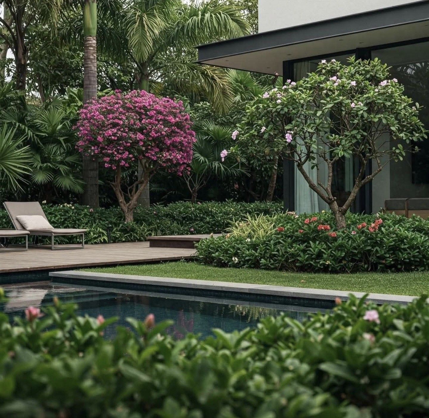 Projeto paisagístico tropical contemporâneo de alto padrão que integra uma piscina de borda infinita com bordas em pedra escura a um jardim exuberante, onde uma bougainvillea spectabilis em plena floração magenta funciona como ponto focal vibrante contra o verde denso das palmeiras-leque e da forração arbustiva. A volumetria vegetal é cuidadosamente estratificada — desde a grama-esmeralda rente ao solo, passando por maciços de clusia e ixora como forração média, até as plumerias com floração ros, estilo Moderno, Tropical, elementos Piscina retangular com borda em pedra natural escura, Deck de madeira natural em nível elevado, Espreguiçadeira com estrutura metálica e estofado bege, Fachada moderna com esquadrias de alumínio preto e vidro amplo piso-teto, Canteiro de forração arbustiva contínua delimitando o perímetro da edificação, Maciço de bougainvillea podada em formato arredondado como ponto focal, Plumeria conduzida como árvore-escultura ornamental junto à fachada, Palmeiras em diferentes alturas criando estratificação vertical, Faixa de grama bem aparada entre a borda da piscina e o deck, Canteiro de ixoras com floração vermelha-alaranjada na base dos arbustos, plantas Bougainvillea, Plumeria / Jasmim-manga, Palmeira-leque / Palmeira-de-leque, Palmeira-real, Ixora, Pingo-de-ouro, Grama-esmeralda, Alamanda / Alamanda-rosa, Clusia, Dracena, ambiente relaxante, moderno, sofisticado, localização jardim, piscina, área grande, estruturas nenhum, cores Verde-escuro, Verde-claro, Magenta / Pink (bougainvillea), Rosa-claro (plumeria), Vermelho-alaranjado (ixora), Bege (espreguiçadeira e fachada), Preto (esquadrias e borda da piscina), Marrom (deck de madeira), Azul-escuro (água da piscina), piso grama, deck, privacidade cerca_viva, água piscina