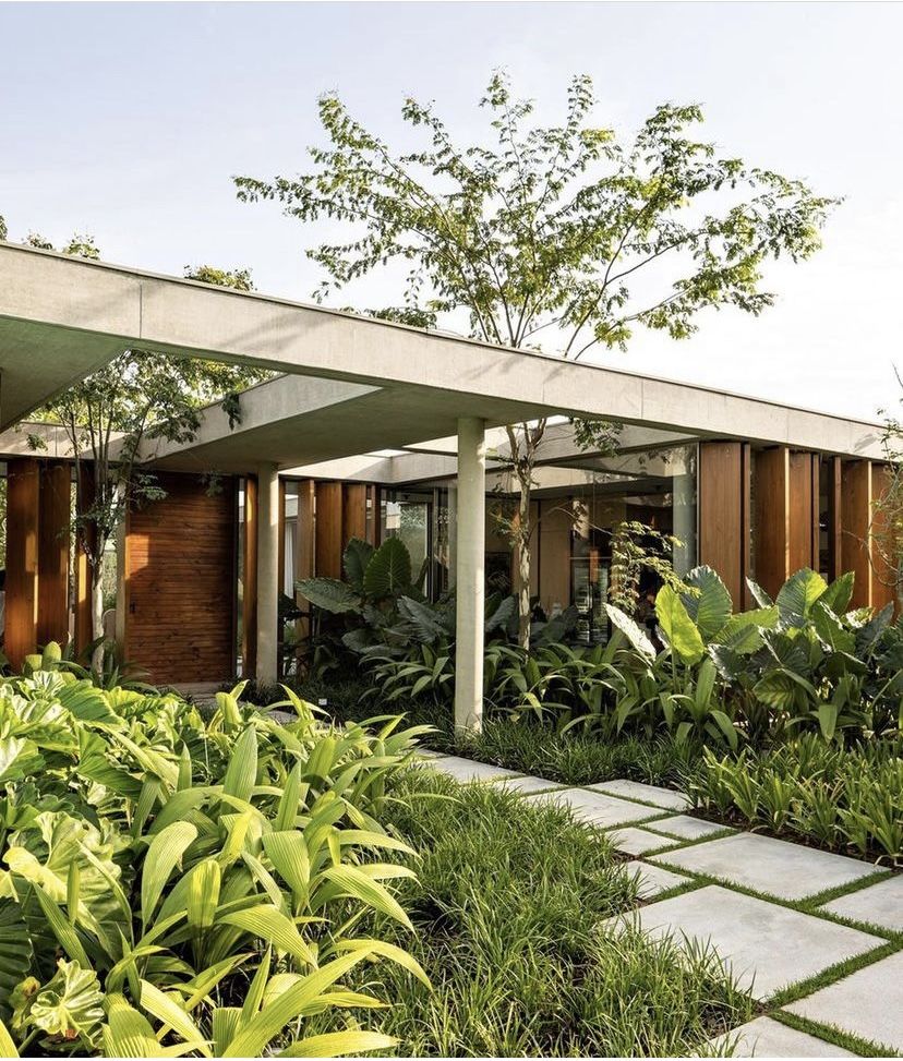 Projeto paisagístico tropical contemporâneo integrado a uma residência de arquitetura brutalista, onde a volumetria vegetal exuberante — composta por alocásias, curculigos, heliconias e filodendros — se entrelaça organicamente com pilares de concreto aparente e painéis pivotantes de madeira, criando uma transição fluida entre exterior e interior. Os pisantes retangulares de concreto sobre grama esmeralda conduzem o olhar e o caminhar em direção à entrada, enquanto uma árvore de médio porte rompe, estilo Moderno, Tropical, elementos Pisantes de concreto retangulares com junta de grama, Pilares de concreto aparente sustentando laje plana, Painéis pivotantes em madeira cumaru, Panos de vidro temperado piso-teto, Laje plana de concreto aparente com balanço generoso, Canteiros de forração tropical com volumetria escalonada, Árvore de médio porte como ponto focal central no jardim interno, plantas Helicônia, Alocásia, Bananeira-ornamental, Costela-de-adão, Curculigo, Moréia, Grama-do-mundo, Grama-esmeralda, Filodendro, Palmeira-ráfis, Tipuana, Bromélia-imperial, Lírio-da-paz, Antúrio, ambiente moderno, sofisticado, relaxante, localização fachada, entrada, jardim, área grande, estruturas iluminacao, pergolado, cores verde-claro, verde-escuro, cinza-concreto, marrom-madeira, bege, branco, piso pisantes, grama, privacidade cerca_viva, água nenhum