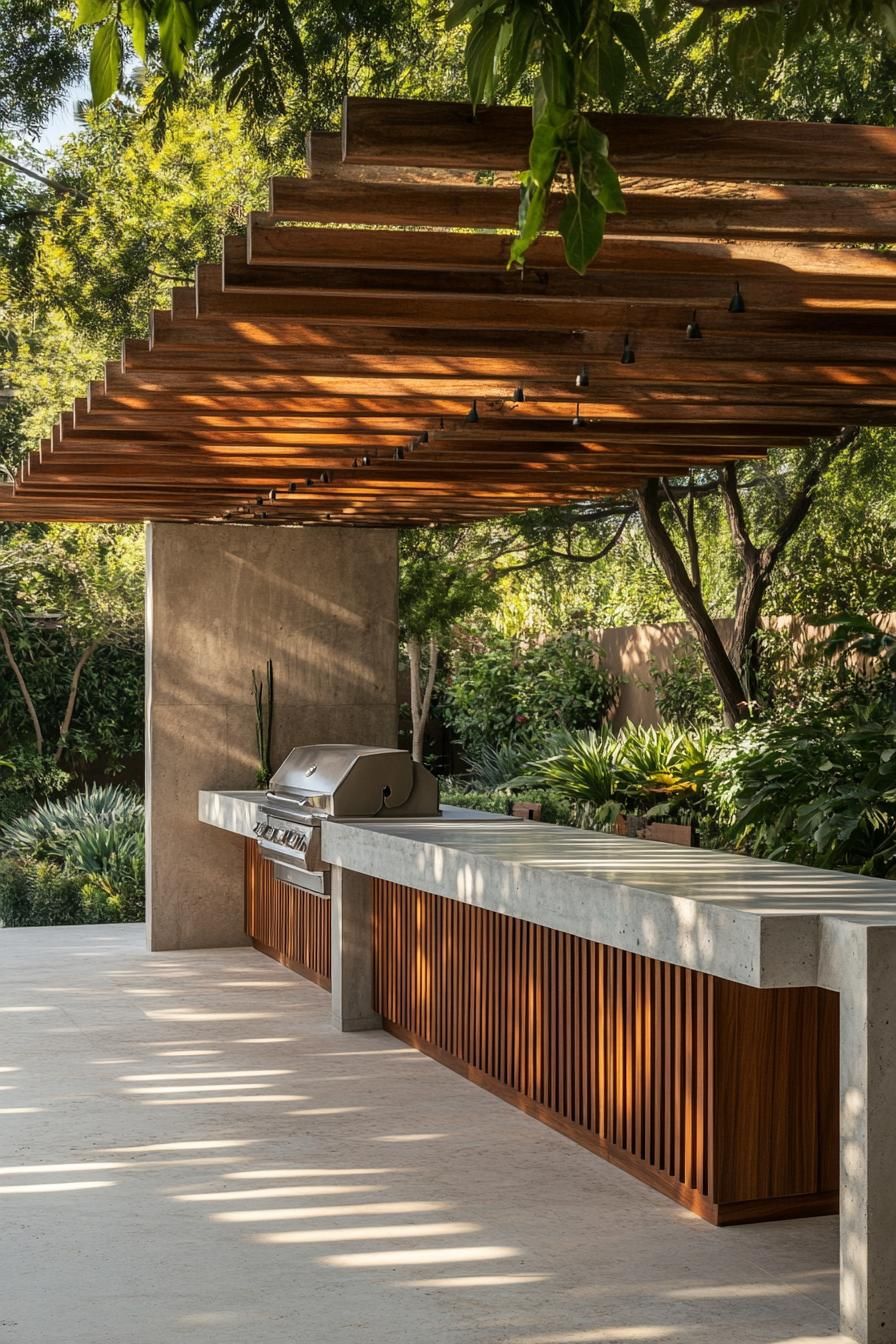 Espaço gourmet externo de alto padrão com linguagem contemporânea brasileira, composto por uma extensa bancada monolítica de concreto aparente com frontal em ripado de madeira retroiluminado, abrigando churrasqueira a gás embutida em inox, tudo sob um imponente pergolado de ripas de madeira de lei com fixações metálicas que filtra a luz solar criando jogos de sombra no piso de concreto desempenado. O paisagismo tropical exuberante ao fundo mescla agaves, filodendros, helicônias e cactos escultór, estilo Moderno, Tropical, elementos Pergolado em madeira de lei com ripas espaçadas e estrutura metálica de fixação, Bancada monolítica de concreto aparente com acabamento liso, Painel frontal em ripado de madeira com iluminação LED embutida por trás, Parede vertical em concreto com textura de reboco rústico tom terroso, Churrasqueira a gás embutida em aço inox com tampa, Piso em concreto desempenado claro, Iluminação pontual embutida no pergolado tipo spot pendente, Canteiro paisagístico ao fundo com vegetação tropical adensada, plantas Cacto-candelabro, Agave, Ave-do-paraíso, Palmeira-leque, Filodendro, Helicônia, Asplenio, Moréia, Jabuticabeira ou árvore de médio porte sombreadora, Pacová, ambiente sofisticado, moderno, relaxante, localização quintal, jardim, área grande, estruturas pergolado, churrasqueira, iluminacao, cores Cinza concreto, Marrom madeira de lei, Verde tropical intenso, Bege terroso, Prata aço inox, Branco off-white piso, piso porcelanato, privacidade cerca_viva, muro_verde, água nenhum
