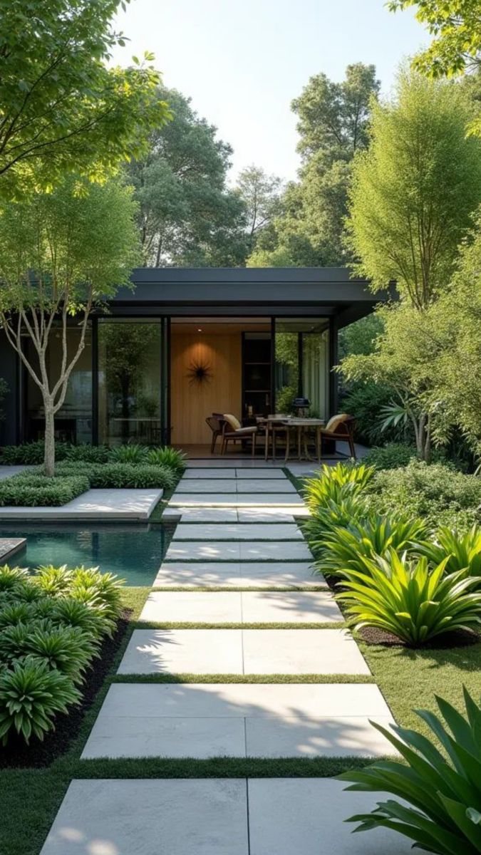 Projeto paisagístico contemporâneo de linhas minimalistas que integra uma sequência de pisantes retangulares de concreto com juntas de grama-esmeralda, ladeados por canteiros exuberantes de agaves, moréias e barba-de-serpente sobre mulch escuro, conduzindo o olhar até a varanda gourmet envidraçada. Um espelho d'água retangular à esquerda do caminho reforça a horizontalidade do desenho e reflete a vegetação de porte arbóreo ao redor, composta por jabuticabeiras e bambus que filtram a luz natural., estilo Moderno, Tropical, elementos Pisantes retangulares de concreto em formato stepping stone com juntas de grama, Espelho d'água retangular rente ao piso com borda de concreto, Canteiros lineares com bordas definidas e mulch escuro, Cobertura metálica plana com estrutura em aço preto, Painéis de vidro piso-teto na fachada da edificação, Painel de madeira clara na parede interna da varanda, Mesa de jantar redonda com cadeiras em madeira na área coberta, Escultura/objeto decorativo tipo starburst na parede de madeira, plantas Agave-dragão, Buxinho, Moréia, Barba-de-serpente, Bambu-mossô, Jabuticabeira, Clúsia, Aspidistra, Grama-esmeralda, Palmeira-ráfis, ambiente relaxante, moderno, sofisticado, localização jardim, piscina, entrada, área medio, estruturas iluminacao, cores verde-claro, verde-escuro, cinza-claro, preto, madeira-natural, branco, piso pisantes, grama, privacidade cerca_viva, água espelho_dagua