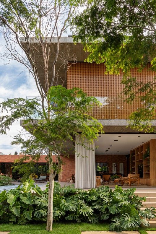 Projeto paisagístico de residência contemporânea brasileira que integra volumetria de concreto aparente e cobogó cerâmico com exuberante jardim tropical, onde maciços densos de Monstera deliciosa ocupam o primeiro plano, criando uma transição orgânica entre o gramado e a área social aberta com cortinas brancas. Árvores de médio porte com copas leves filtram a luz solar intensa, proporcionando sombreamento natural sobre a área de estar e piscina, enquanto a paleta de materiais — tijolo, concreto,, estilo Moderno, Tropical, elementos Maciço denso de costela-de-adão como forração frontal, Árvores de médio porte com copa aberta criando sombreamento parcial, Parede de tijolos aparentes vazados (cobogó) na fachada superior, Laje de concreto aparente como marquise, Cortina branca de tecido delimitando área social coberta, Estante de madeira integrada ao living aberto, Mobiliário de madeira e fibra natural na área coberta, Espreguiçadeiras de madeira junto à área de piscina, Degraus de pedra natural conectando jardim ao piso interno, Pilares de concreto aparente sustentando o pavimento superior, Guarda-corpo de vidro temperado no pavimento superior, Spots de iluminação embutidos no teto da varanda, plantas Costela-de-adão, Filodendro, Sibipiruna, Pata-de-vaca, Grama-esmeralda, Jabuticabeira ou árvore de médio porte nativa, Samambaia, ambiente moderno, sofisticado, relaxante, localização jardim, fachada, piscina, área grande, estruturas iluminacao, banco, cores Verde intenso das folhagens tropicais, Terracota dos tijolos e cobogó, Cinza do concreto aparente, Branco das cortinas, Tons de madeira natural (mel e caramelo), Verde-claro da grama, piso grama, pedra, porcelanato, privacidade cerca_viva, água piscina
