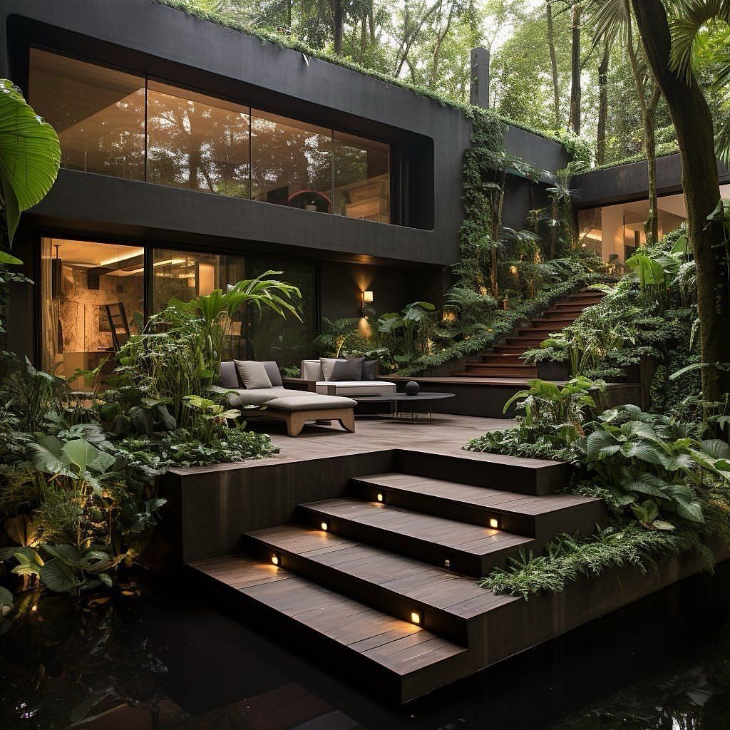 Projeto paisagístico contemporâneo de alto padrão que integra uma residência de volumetria brutalista em concreto grafite com a exuberância de um jardim tropical de sub-bosque, utilizando extensas massas de folhagens verdes em múltiplas camadas — desde forração rasteira até palmeiras e trepadeiras que colonizam a fachada e a cobertura. O deck em madeira nobre escura avança sobre um espelho d'água negro e conduz, por meio de escadaria com iluminação embutida nos espelhos, a um lounge externo sofi, estilo Moderno, Tropical, elementos Escada de deck de madeira escura com iluminação embutida nos espelhos dos degraus, Deck elevado em madeira de lei escura formando patamar de estar, Espelho d'água negro na base da escadaria refletindo a vegetação, Mobiliário externo composto por chaise longue cinza, poltrona e mesa de centro redonda em tom escuro, Fachada em concreto aparente pintado de grafite/preto com amplos panos de vidro, Muro verde com trepadeiras cobrindo parcialmente a fachada lateral, Escada lateral em madeira integrada ao jardim levando ao nível superior, Iluminação pontual tipo balizador embutida nos degraus e arandelas na parede, Teto verde / cobertura vegetal sobre a laje do pavimento superior, Canteiros paisagísticos integrados entre os níveis da construção, plantas Costela-de-adão, Filodendro, Palmeira-ráfis, Helicônia, Samambaia, Lírio-da-paz, Hera-do-diabo, Antúrio, Calateia, Singônio, Hosta, Asplenio, Clorofito, Begônia, Renda-portuguesa, Unha-de-gato, ambiente relaxante, moderno, sofisticado, localização jardim, quintal, entrada, área grande, estruturas iluminacao, banco, cores Verde escuro, Verde claro, Grafite, Preto, Marrom escuro, Cinza, Branco quente, Âmbar (iluminação), piso deck, privacidade muro_verde, cerca_viva, água espelho_dagua