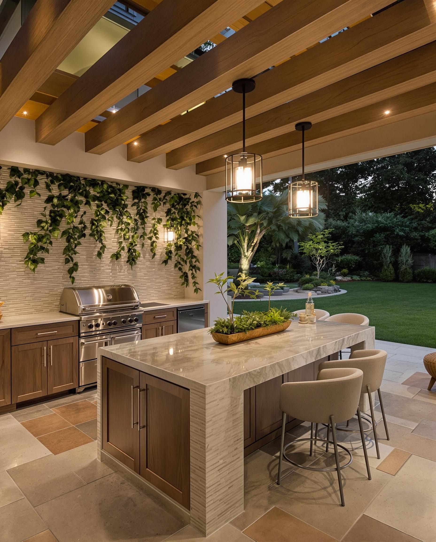 Espaço gourmet ao ar livre de alto padrão integrado ao jardim tropical, com cobertura em pergolado de vigas de madeira clara intercaladas com claraboias que permitem iluminação zenital natural. A cozinha externa conta com churrasqueira embutida em aço inox, bancada em pedra natural com acabamento waterfall e parede revestida em pedra filetada adornada por um exuberante jardim vertical de trepadeiras pendentes. O paisagismo do jardim ao fundo apresenta composição em camadas com gramado impecável,, estilo Moderno, Tropical, elementos Bancada em mármore ou quartzito com acabamento waterfall, Armários em madeira de lei com puxadores embutidos, Churrasqueira a gás em aço inox embutida, Ilha gourmet com assentos tipo banqueta estofada em tom bege, Pendentes industriais em metal preto com vidro translúcido, Iluminação embutida em spots nos vigamentos do pergolado, Parede de pedra filetada com jardim vertical de trepadeiras, Vigamento aparente em madeira clara no teto, Claraboia entre as vigas permitindo entrada de luz zenital, Cachepô em madeira natural sobre a bancada com arranjo de folhagens, Piso em pedra natural recortada em tons variados, plantas Jiboia, Unha-de-gato, Palmeira-leque, Pleomele, Hera, Clúsia, Grama-esmeralda, Buxinho, Jabuticabeira ou árvore ornamental de médio porte, Filodendro, ambiente sofisticado, moderno, acolhedor, relaxante, localização quintal, varanda, área grande, estruturas pergolado, churrasqueira, iluminacao, cores bege, marrom, verde, branco, cinza, dourado, preto, piso pedra, grama, privacidade muro_verde, cerca_viva, água nenhum