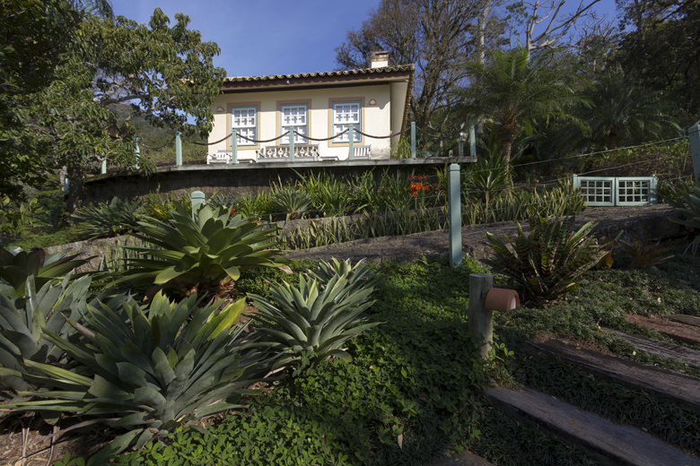 Jardim tropical escalonado em terreno de forte declive, típico de cidades históricas mineiras, com exuberantes massas de agaves-dragão e bromélias-imperiais dispostas em patamares sustentados por muros de arrimo em pedra rústica e dormentes de madeira de demolição formando a escadaria de acesso. A composição paisagística valoriza a fachada da casarão colonial com volumetria verde densa, intercalando forrações rasteiras de amendoim-rasteiro com espécies escultóricas de grande porte como cicas e a, estilo Tropical, Classico, elementos Escadaria rústica em dormentes de madeira de demolição, Muros de arrimo em pedra com patamares escalonados, Balaustrada colonial com gradil de ferro forjado, Poste de iluminação estilo colonial em ferro, Canteiros em níveis com taludes ajardinados, Casa colonial com janelas de guilhotina e venezianas verdes, Varal de arame no jardim lateral, Caixa de correio em alvenaria junto à escada, plantas Agave-dragão, Bromélia-imperial, Cica, Lírio-do-brejo / Cana-da-índia, Amendoim-rasteiro, Palmeira-real, Agave, Bromélia, Forração verde rasteira, Helicônia, ambiente acolhedor, sofisticado, relaxante, localização jardim, fachada, entrada, área grande, estruturas iluminacao, banco, cores verde-escuro, verde-claro, amarelo-claro, laranja, terracota, marrom, azul-céu, branco, piso pedra, grama, privacidade cerca_viva, água nenhum