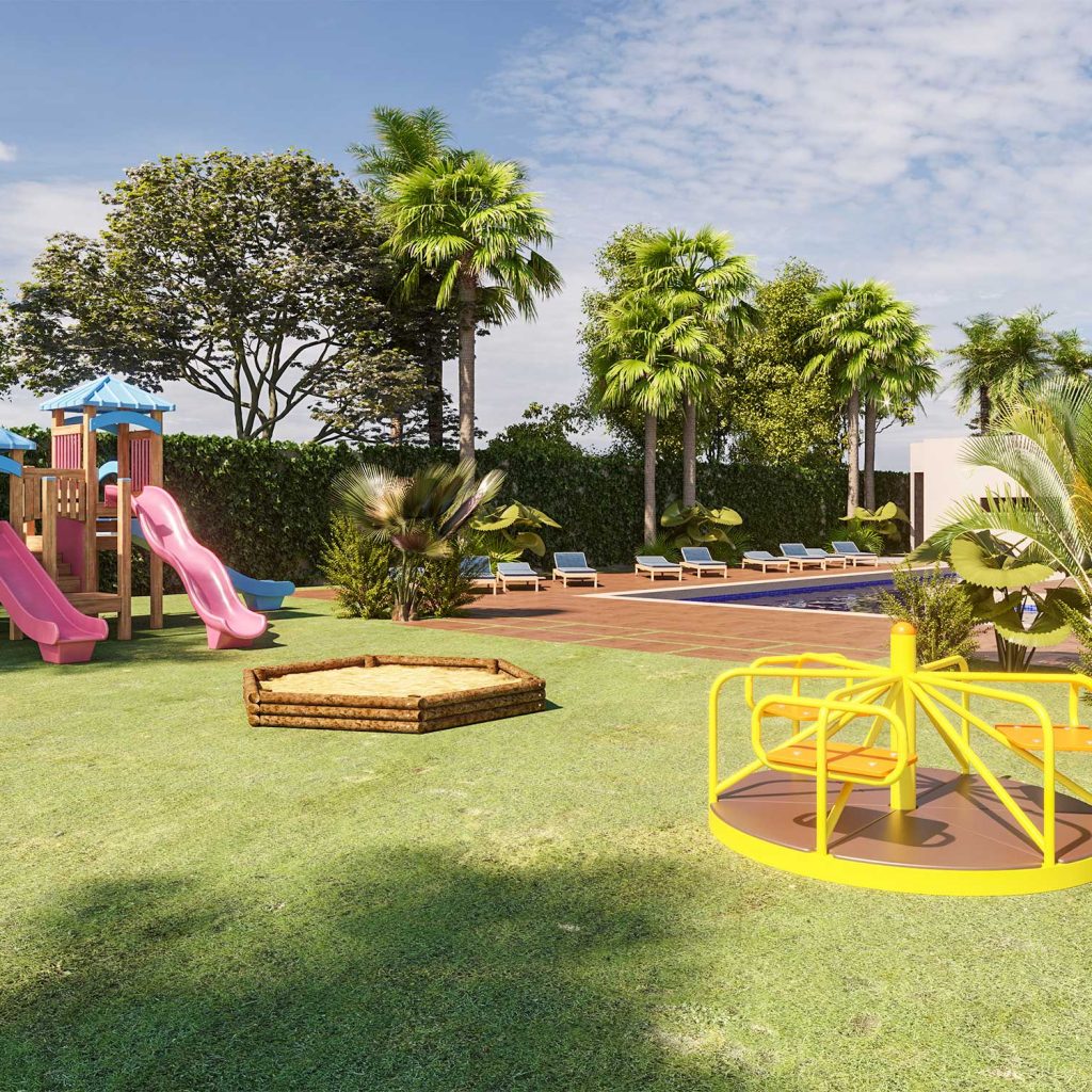Projeto paisagístico tropical de grande porte integrando área de lazer infantil com piscina, onde palmeiras-reais e coqueiros-anão criam um cenário exuberante emoldurado por uma densa cerca viva de murta e hera que garante total privacidade ao espaço. O playground completo com escorregadores duplos, caixa de areia hexagonal e gira-gira amarelo ocupa o gramado de grama-esmeralda bem cuidado, enquanto espreguiçadeiras azuis ao longo da piscina retangular com piso em cerâmica terracota conferem sof, estilo Tropical, Moderno, elementos Piscina retangular com borda em cerâmica escura, Espreguiçadeiras azuis com estrutura em madeira clara alinhadas ao longo da piscina, Playground infantil em madeira com dois escorregadores rosa e cobertura azul, Caixa de areia hexagonal em madeira, Gira-gira (carrossel) metálico amarelo com assentos marrons, Piso em cerâmica terracota ao redor da piscina, Cerca viva alta e densa delimitando todo o perímetro, Canteiros de arbustos ornamentais entre a área de lazer e a piscina, plantas Palmeira-real, Palmeira-leque, Coqueiro-anão, Mangueira, Murta, Taioba-ornamental, Buxinho, Hera, Grama-esmeralda, ambiente relaxante, acolhedor, localização piscina, quintal, jardim, área grande, estruturas iluminacao, cores Verde intenso, Rosa pink, Amarelo vibrante, Azul celeste, Terracota, Marrom madeira, Branco, piso grama, porcelanato, privacidade cerca_viva, muro_verde, água piscina