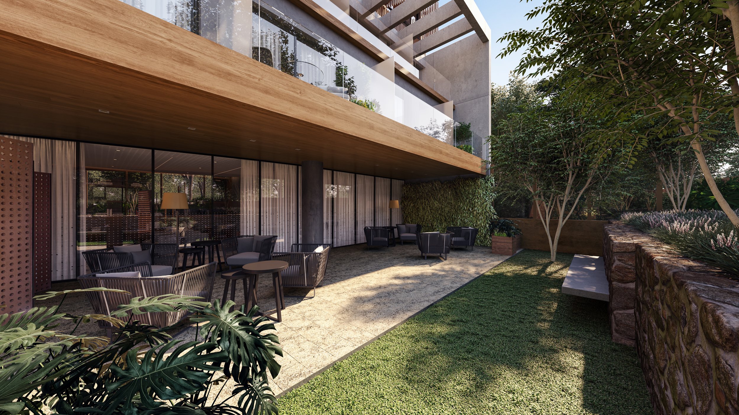 Projeto paisagístico contemporâneo integrado a uma residência de linhas retas e materiais brutos como concreto aparente, vidro e madeira cumaru, criando uma transição fluida entre interior e exterior através de amplas portas de correr piso-teto. O jardim lateral combina um generoso tapete de grama-esmeralda com massivos de costela-de-adão em primeiro plano, lavandas bordejando o muro de pedra natural e árvores multitronco de médio porte que filtram a luz solar e conferem verticalidade e aconcheg, estilo Moderno, Tropical, elementos Muro de pedra natural rústica com aparelho irregular, Jardineiras elevadas em madeira e alvenaria, Piso cimentício ou pedra clara na área coberta, Mobiliário externo em alumínio e cordas náuticas com estofados cinza, Cortinas de tecido em linho cru nas portas de vidro, Laje de concreto aparente com revestimento em madeira cumaru no forro, Esquadrias em alumínio preto com vidro amplo piso-teto, Pergolado em concreto aparente no pavimento superior, Guarda-corpo em vidro temperado no andar superior, Painel treliçado em tijolo cerâmico vazado (cobogó), Luminária de piso interna visível pela esquadria, Mesas redondas baixas em metal escuro, plantas Costela-de-adão, Lavanda, Jabuticabeira ou árvore de médio porte multitronco, Murta ou cerca viva arbustiva, Unha-de-gato ou trepadeira verde no muro verde, Grama-esmeralda, Liríope ou forrações arroxeadas, ambiente sofisticado, moderno, relaxante, acolhedor, localização jardim, varanda, fachada, área medio, estruturas pergolado, iluminacao, cores verde-escuro, verde-claro, cinza-concreto, madeira-cumaru, preto, cinza-grafite, bege, lilás, marrom-pedra, piso grama, pedra, privacidade muro_verde, cerca_viva, água nenhum