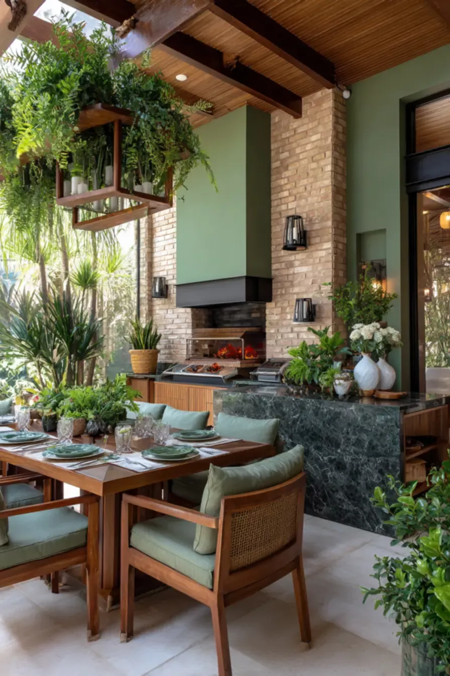 Varanda gourmet de alto padrão com linguagem contemporânea tropical brasileira, integrando churrasqueira embutida com coifa sobre bancada em mármore verde Ubatuba, coluna em tijolinho aparente e forro em réguas de madeira com vigas expostas. O paisagismo exuberante combina samambaias pendentes em suportes suspensos de madeira, palmeiras-ráfis ao fundo e arranjos de hortênsias brancas sobre a bancada, criando camadas de vegetação que suavizam a arquitetura. A paleta verde-salvia unifica almofadas, estilo Moderno, Tropical, elementos Mesa de jantar em madeira maciça com tampo retangular, Cadeiras em madeira com encosto em palhinha e almofadas verde-salvia, Bancada em mármore verde escuro (tipo Verde Ubatuba), Churrasqueira embutida com coifa em aço e revestimento em tijolinho aparente, Forro em réguas de madeira natural com vigas expostas, Suportes suspensos em madeira para plantas pendentes, Arandelas industriais em metal preto, Vasos decorativos em cerâmica branca e barro, Louça de mesa em tom verde-celadon, Cristaleria sobre a mesa, Parede pintada em verde-salvia, Coluna revestida em tijolo aparente claro, Esquadria em alumínio preto com vidro, plantas Samambaia, Chifre-de-veado, Palmeira-ráfis, Dracena, Jade, Hortênsia branca, Filodendro, Peperômia, Aspargo-pluma, Lírio-da-paz, Ficus-lyrata, ambiente sofisticado, acolhedor, moderno, localização varanda, área medio, estruturas churrasqueira, iluminacao, cores Verde-salvia, Verde-escuro (mármore), Marrom-madeira, Bege-tijolo, Branco, Preto (detalhes metálicos), Creme (piso), piso porcelanato, privacidade muro_verde, água nenhum