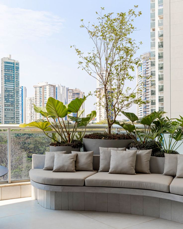 Varanda de apartamento em edifício de alto padrão em metrópole brasileira, com projeto paisagístico que integra vegetação tropical exuberante a um mobiliário contemporâneo curvo em alvenaria revestida e estofamento cinza, criando um lounge sofisticado ao ar livre. Os vasos de concreto em diferentes alturas e formatos — cilíndricos e tipo bowl — abrigam alocásias de folhas monumentais, uma árvore de pequeno porte como ponto focal vertical e forração escura como cobertura de solo, compondo camadas, estilo Moderno, Tropical, elementos Sofá curvo embutido em alvenaria com estofamento cinza claro, Almofadas decorativas em tom cinza neutro, Vasos de concreto em formatos cilíndricos e bowl de diferentes dimensões, Guarda-corpo em vidro temperado com perfil metálico branco, Piso em porcelanato claro de grande formato, plantas Alocásia, Jabuticabeira ou árvore de pequeno porte, Palmeira-ráfis, Peperômia ou forração escura, ambiente relaxante, moderno, sofisticado, localização varanda, área medio, estruturas banco, cores cinza claro, branco, verde intenso, verde claro, bege, marrom escuro, piso porcelanato, privacidade nenhum, água nenhum